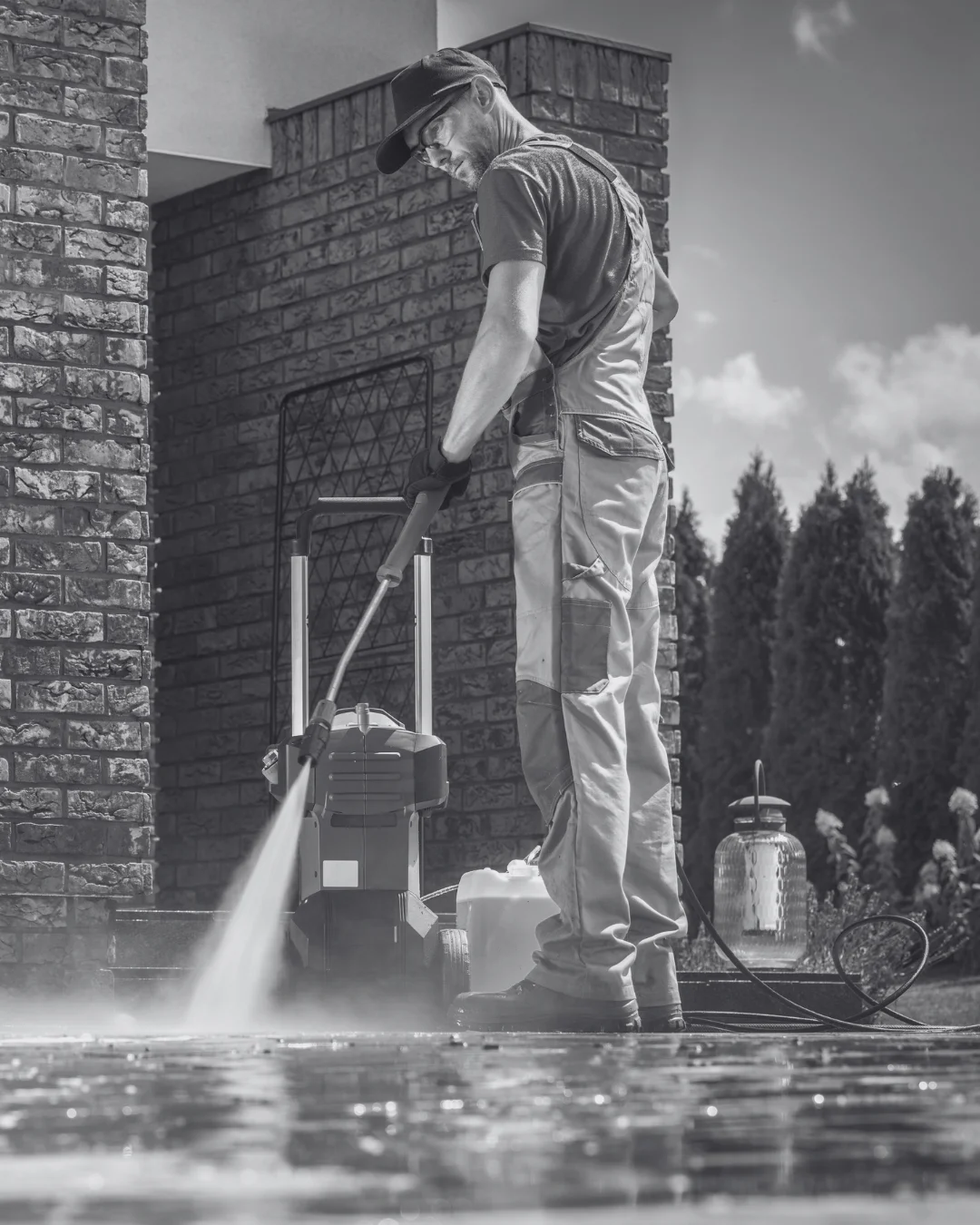 This image shows a pressure washing device. A man is holding and cleaning the floor with the device